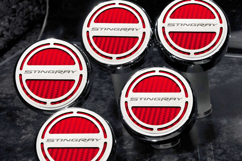 2014-2019 Chevrolet Z06/C7 Corvette AUTO, Fluid Cap Cover Set 5pc, American Car Craft Black 5pc Stingray Font Carb