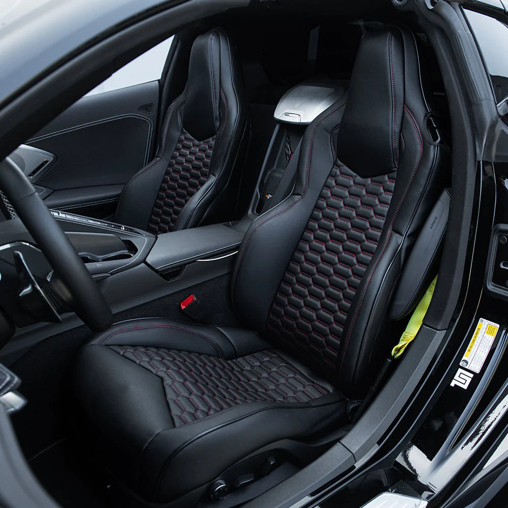 C8 Corvette Premium Custom Leather Seat Covers, All Black with Double HEX RED Stiching Accent Insert