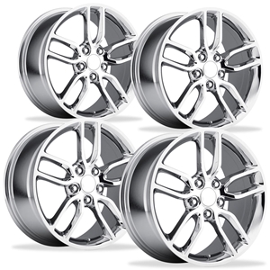 C7 Corvette, Chrome Reproduction Z51 Split Spoke Wheels, Front 17"x8.5"/18"x9.5" C5 Corvette Offset