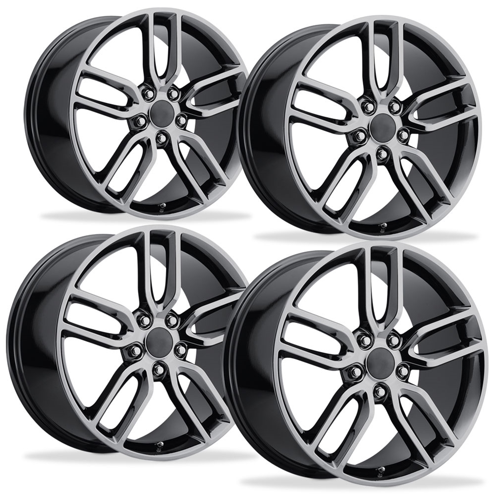 C7 Corvette, Gloss Black Reproduction Z51 Split Spoke Wheels, Front 19"x8.5"/20"x10" C6/C7 Corvette Offset