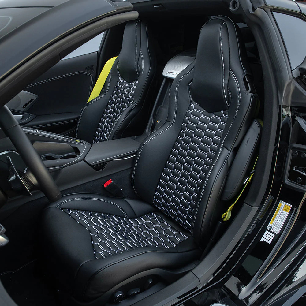 C8 Corvette Premium Custom Leather Seat Covers, All Black with Double HEX WHITE Stiching Accent Insert