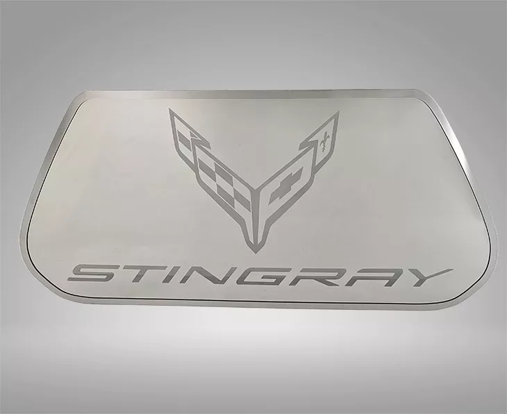 2020-2025 C8 Corvette, Stainless Hood Panel Cross Flag Logo and Stingray Etched, Brushed Finish