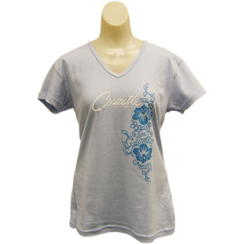 Corvette Ladies Light Blue Floral V-Neck Tee Shirt X-Large -ACVL-002