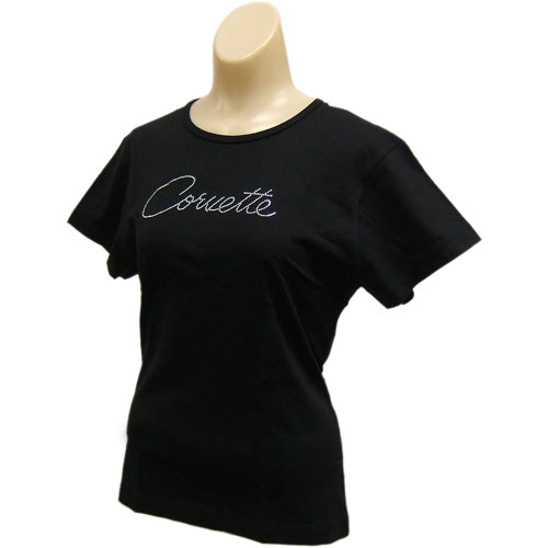 Corvette Rhinestones Ladies Black Tee -L -