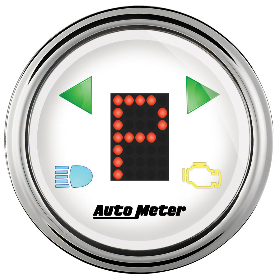 Auto Meter Shift Indicator Gauge, PRNDL, Electric, Digital, 2-1/16" Diameter, White Face, Each