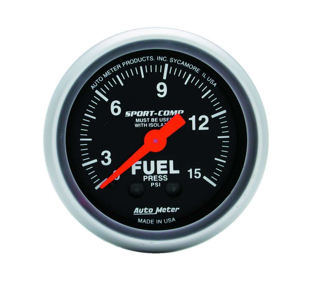 Auto Meter Fuel Pressure Gauge, Sport-Comp, 0-15 psi, Mechanical, Analog, 2-1/16" Diameter, Black Face, Each