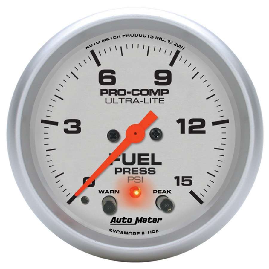 Auto Meter Fuel Pressure Gauge, Ultra-Lite, 0-15 psi, Electric, Analog, Full Sweep, 2-5/8" Diameter, Peak and Warn, Silver Face,