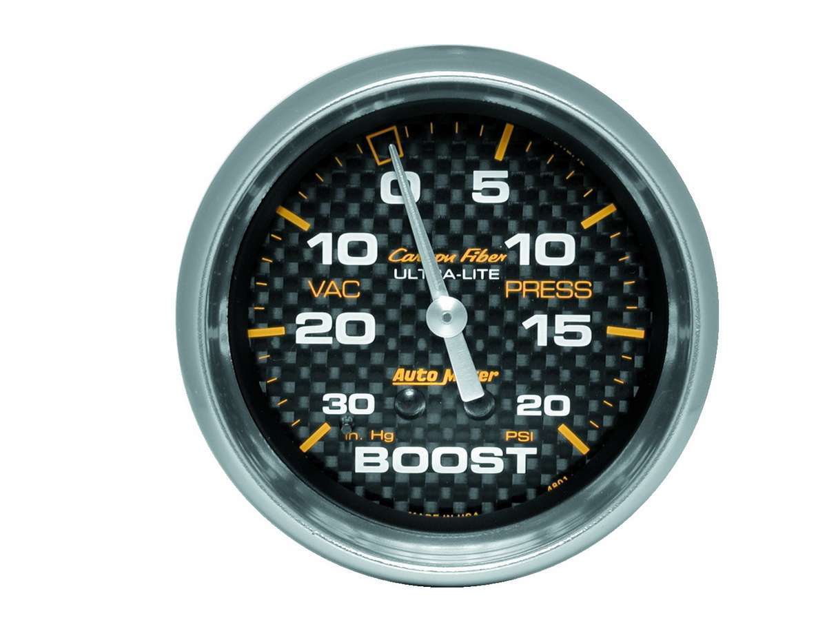 Auto Meter Boost/Vacuum Gauge, Carbon Fiber, 30" HG-20 psi, Mechanical, Analog, 2-5/8" Diameter, Carbon Fiber Look Face, Each