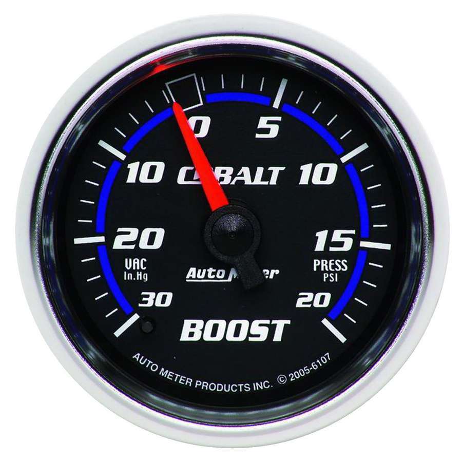 Auto Meter Boost/Vacuum Gauge, Cobalt, 30" HG-20 psi, Mechanical, Analog, 2-1/16" Diameter, Black Face, Each