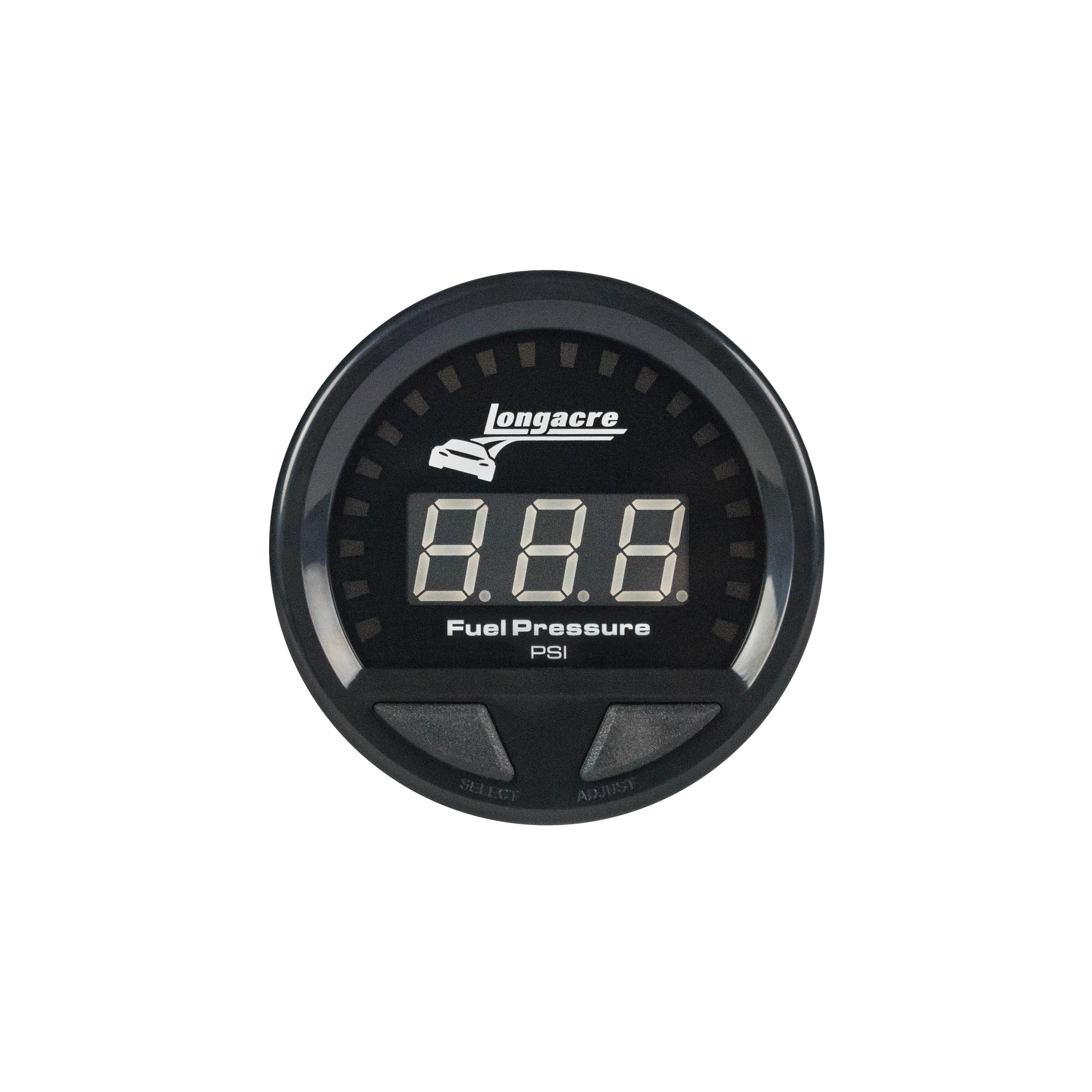 LONGACRE Fuel Pressure Gauge, Waterproof LED, 0-15 PSI, Electric, LED, Warning Light, 2-5/8" Diameter, Black Face, Each