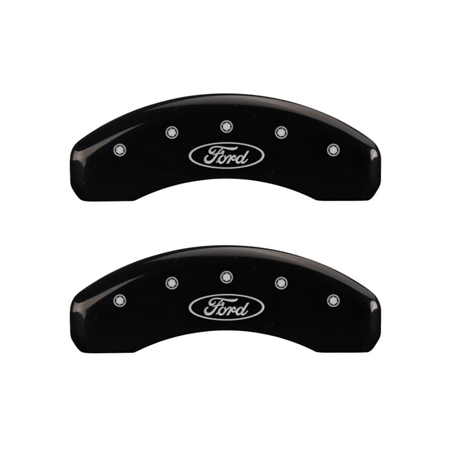 MGP Set of 4 caliper covers, Engraved Front and Rear: Oval logo/Ford, Black powder coat finish, silver characters.