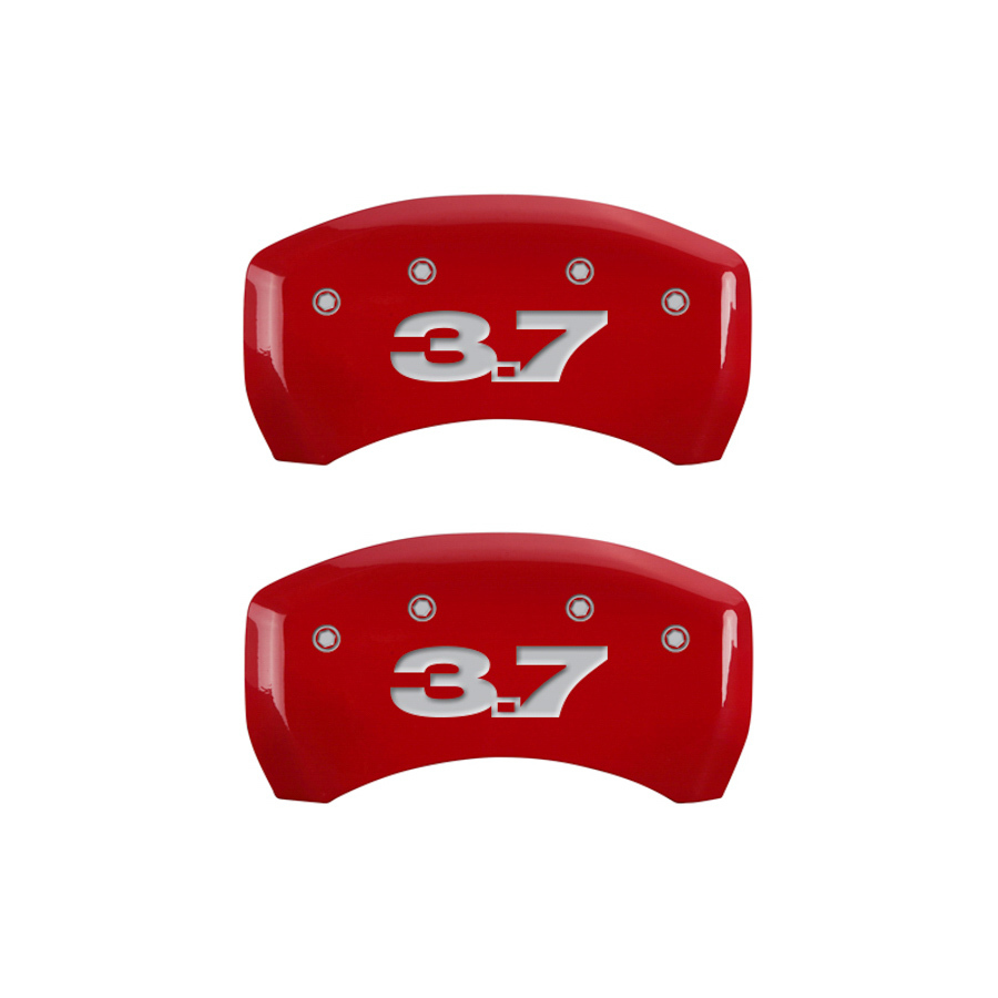 MGP Brake Caliper Cover, Mustang Print Logo Front, 3.7 Logo Rear, Aluminum, Red, GT, Ford Mustang 2010-14, Set of 4