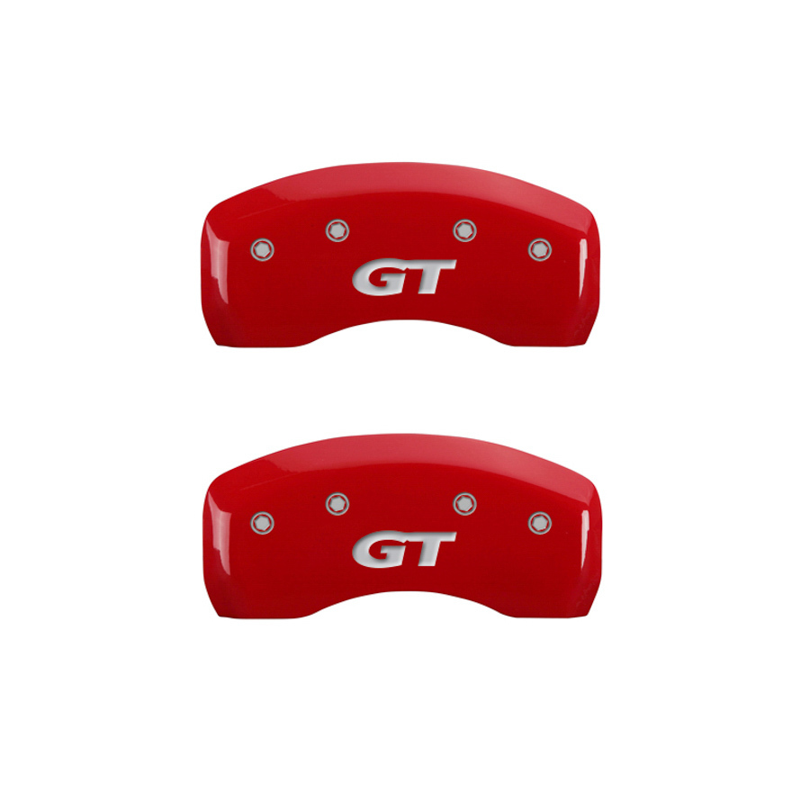 MGP Set of 4 caliper covers, Engraved Front: Mustang, Engraved Rear: SN95/GT, Red powder coat finish, silver characters.