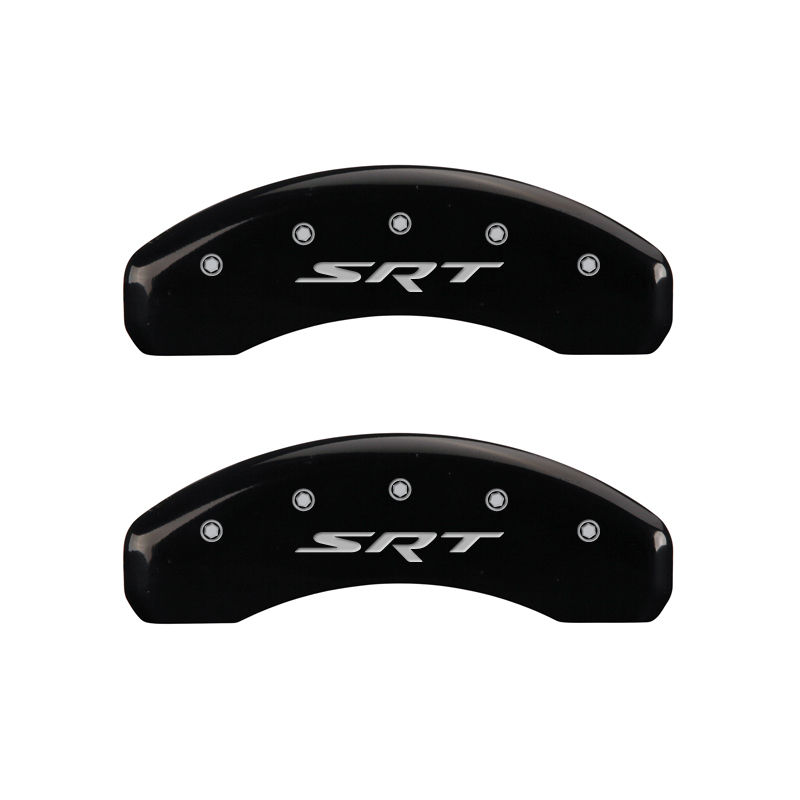 MGP Set of 4 caliper covers, Engraved Front and Rear: SRT, Black powder coat finish, silver characters.