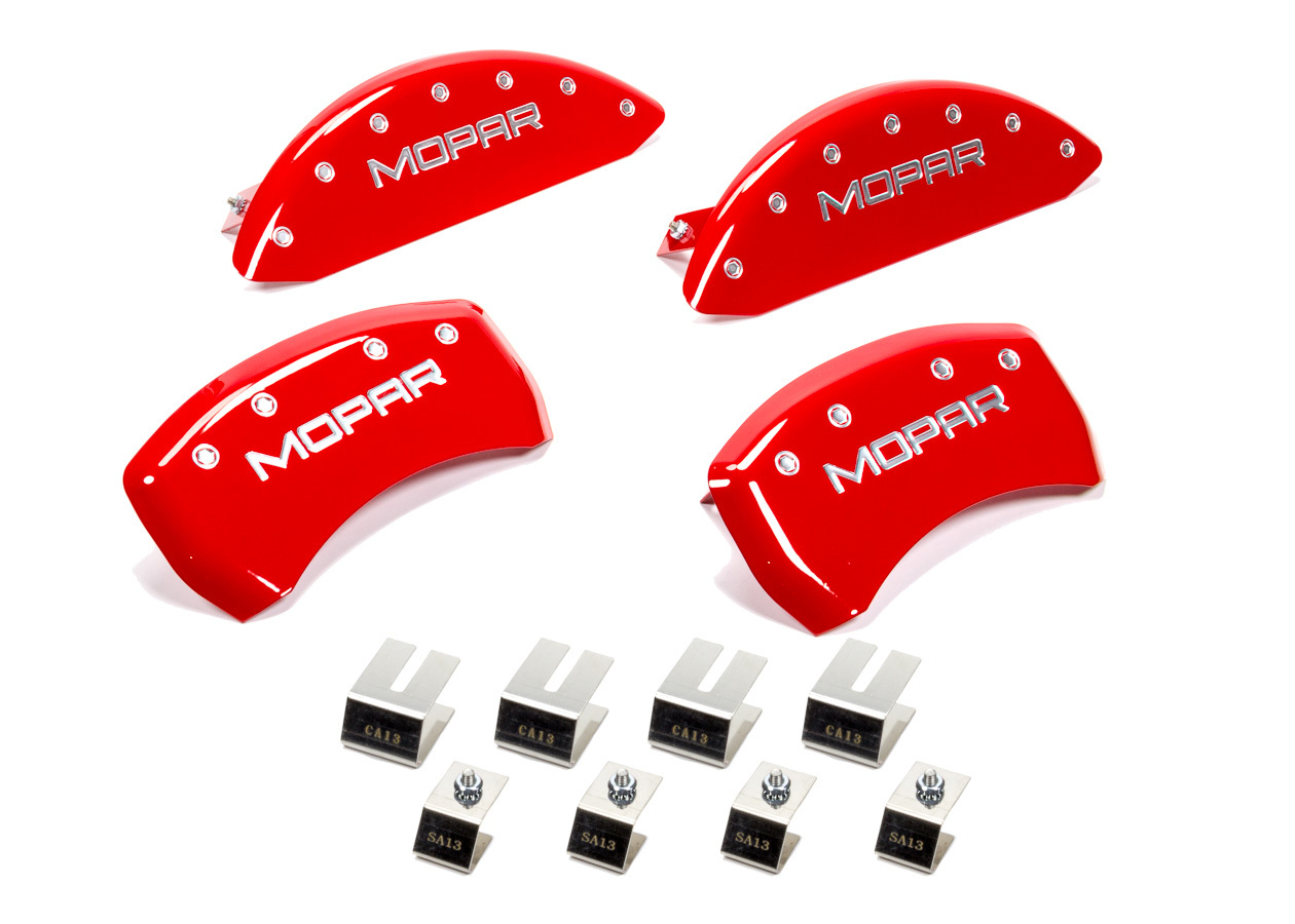 MGP Brake Caliper Cover, Mopar Script Logo, Aluminum, Red, Dodge Challenger/ Charger 2011-16, Set of 4