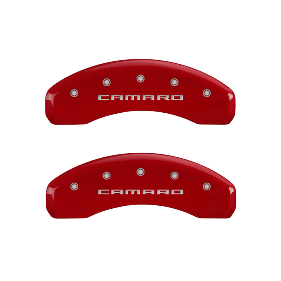 MGP Brake Caliper Cover, Camaro Script Logo, Aluminum, Red, Chevy Camaro 2010-15, Set of 4