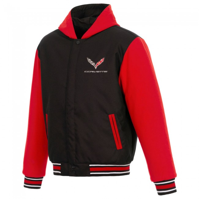 Corvette C7 Crossed Flags Logo Varsity Jacket, Black/Red - Reversible