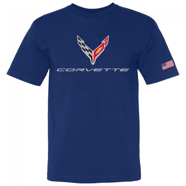 C8 Corvette USA Made, Crossed Flags Royal Tee