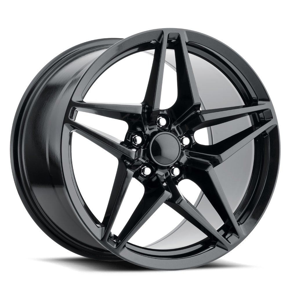 C7 ZR1 Corvette, Satin Black Reproduction Split Spoke Wheels, Front 18"x9.5"/19"x10" C7/C6 Offsets