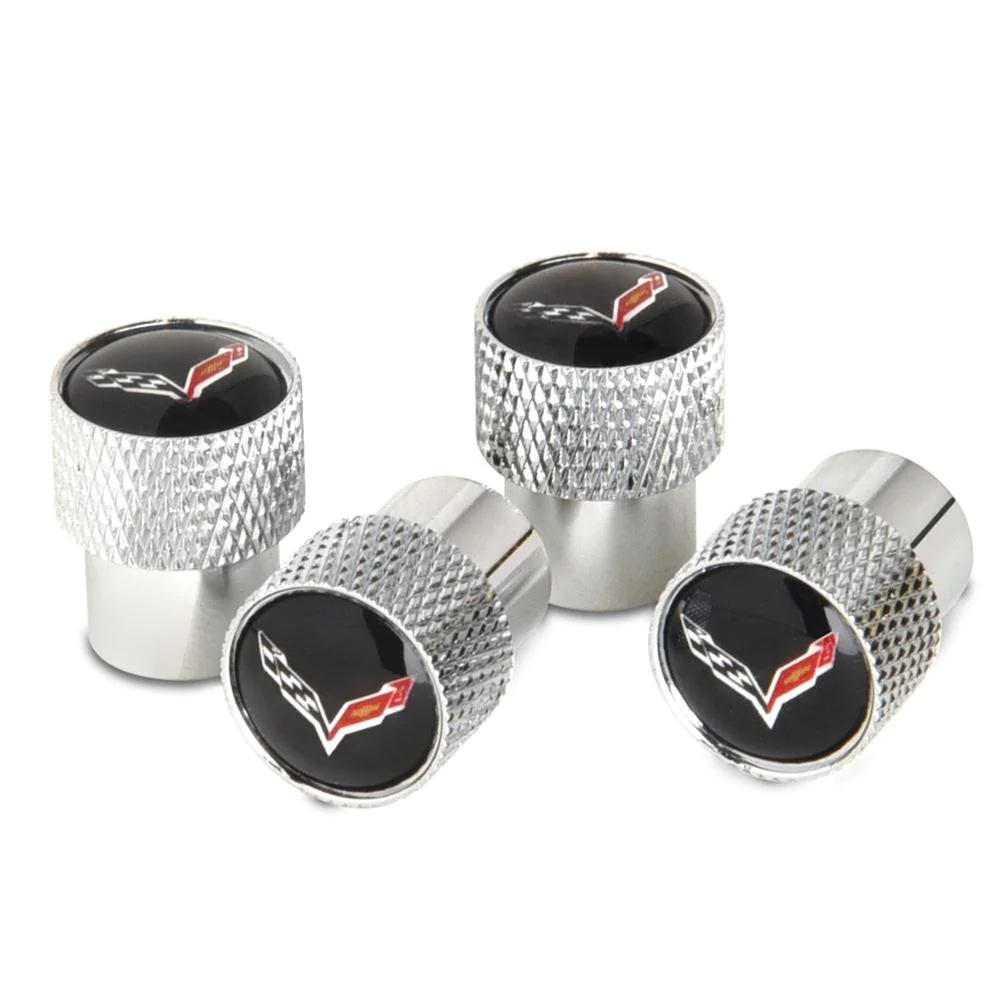 C7 Corvette Valve Stem Cap, Chrome Knurled, 4 Pieces, C7 Logo